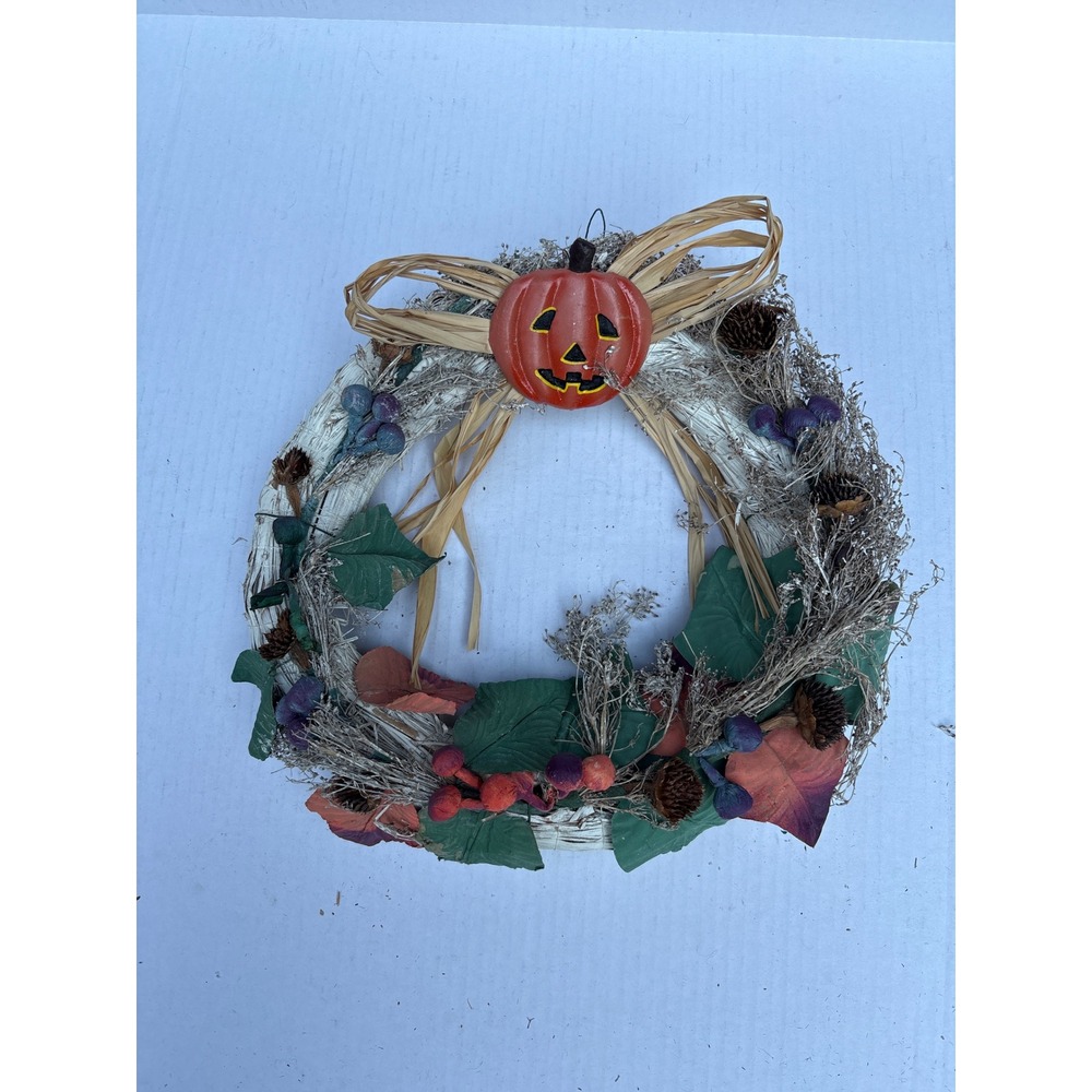 Fall Halloween Wreath Faux Pumpkin Berry Pinecone Straw Front Door Decor